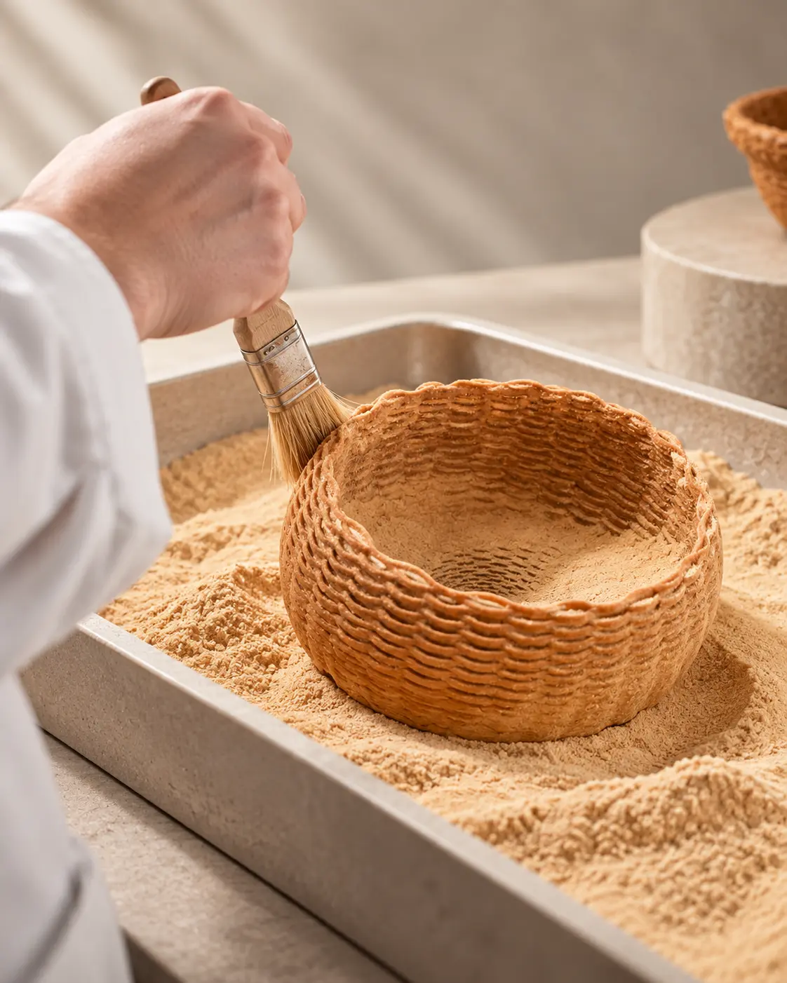 Geste de finition sur une pièce comestible imprimée en 3D
