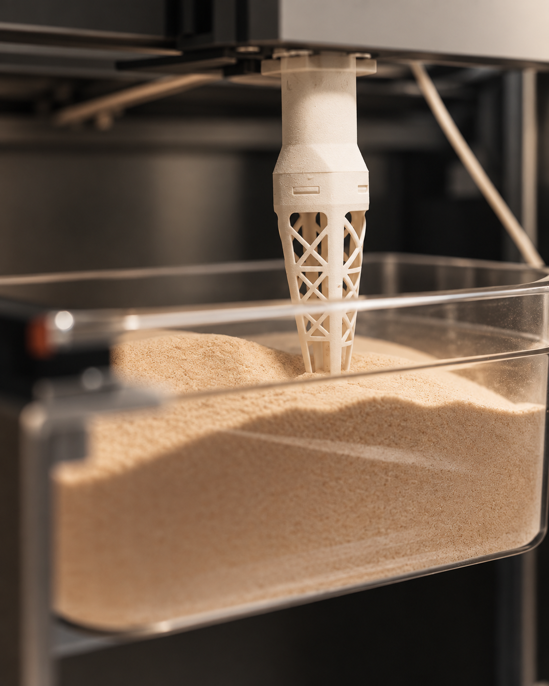 Tête d'impression 3D alimentaire travaillant au cœur d'une matière sèche