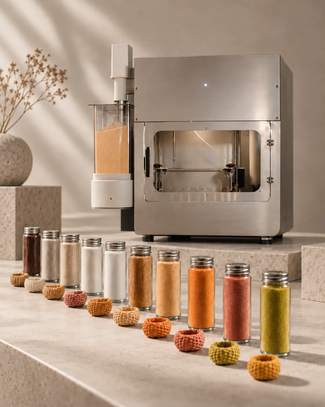 Machine d'impression 3D alimentaire entourée de matières et de pièces imprimées