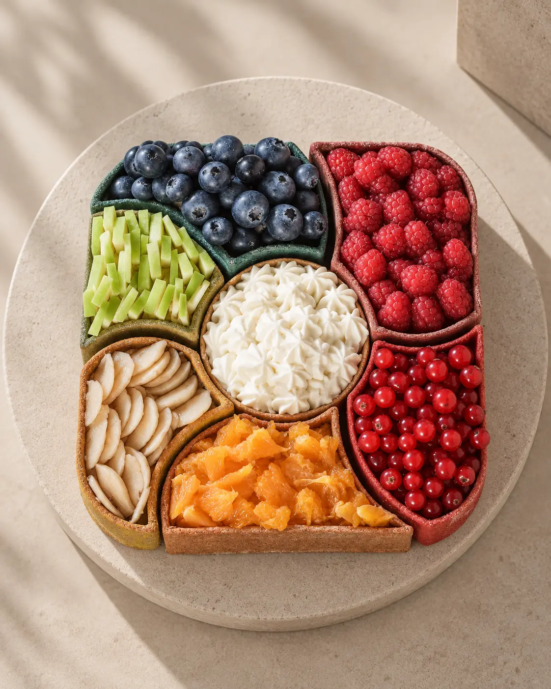 Composition de contenants comestibles colorés garnis de fruits frais