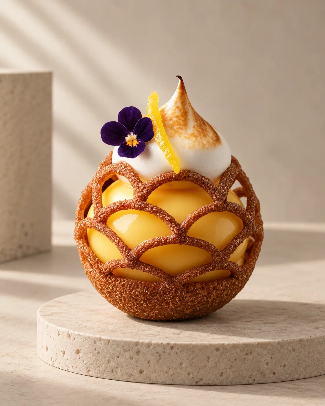 Dessert sphérique présenté dans une structure comestible ajourée